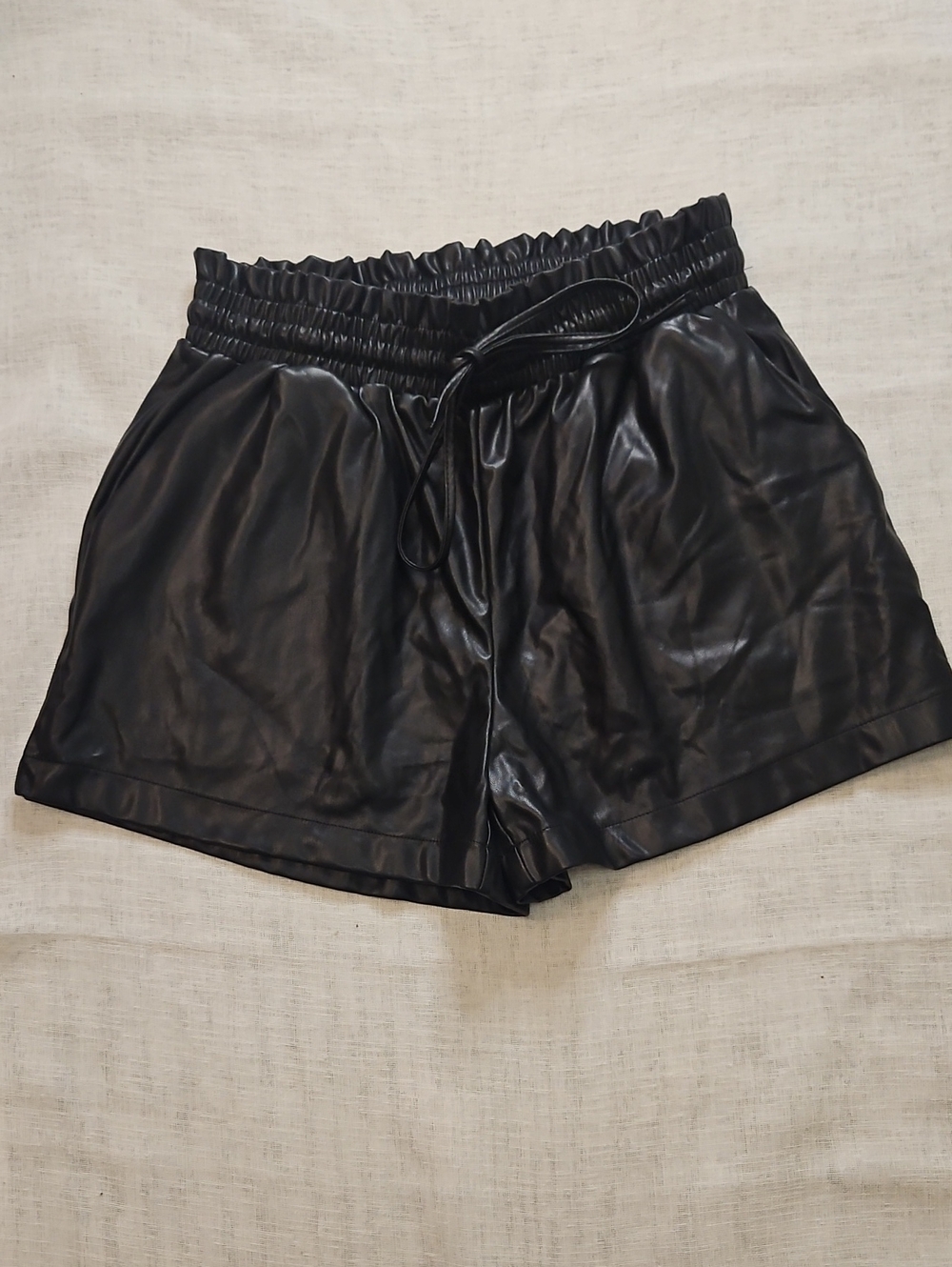 High-Waist Black Faux Leather Drawstring Shorts